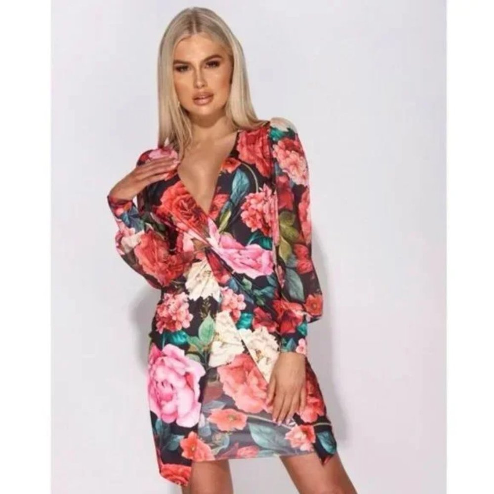 Black Floral Print Long Sleeve V-Neck Bodycon Mini Dress - Picture 9 of 13